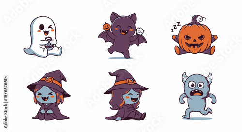 Adorable Halloween Characters in Cute Cartoon Style for Holiday Fun.