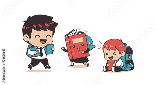 Cheerful cartoon children with books and backpacks ready for school.