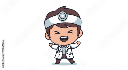 Cheerful cartoon doctor with a stethoscope and medical headband.