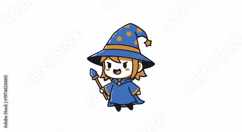 Charming Cartoon Wizard with a Pointed Hat and Magic Wand.