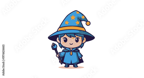 Charming Cartoon Wizard with a Pointed Hat and Magic Wand.