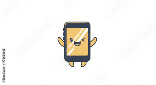 Cheerful cartoon smartphone character with a happy smiling face and winking eye.