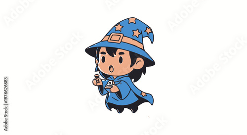 Charming Cartoon Wizard with Blue Robes and Pointed Hat.