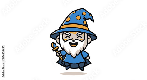 Charming Cartoon Wizard with a Pointed Hat and Staff.