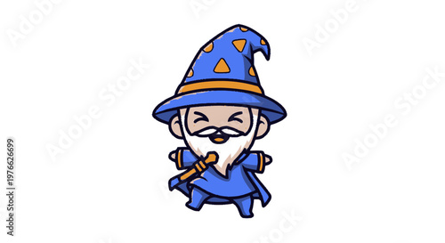 Charming Cartoon Wizard with a Pointy Hat and Magic Wand.