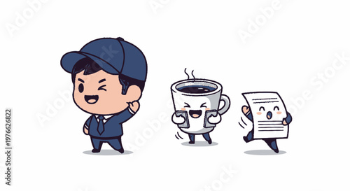 Cheerful Cartoon Characters - Boy, Coffee Cup, and Paper Sheet.
