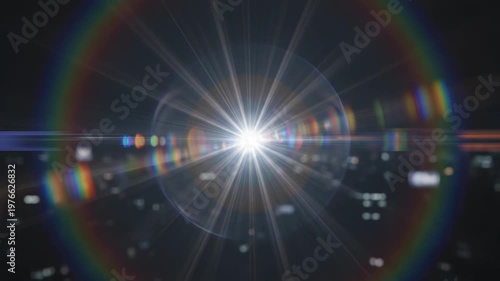 Dynamic bright lens flare effect with vibrant colorful spectral light expanding over blurred city night background, for innovation, technology, future, digital progress