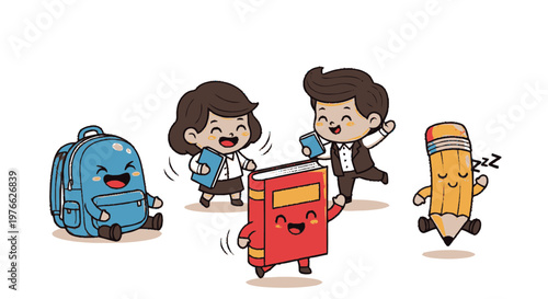 Cheerful Cartoon Characters Celebrating Education and Learning Together.