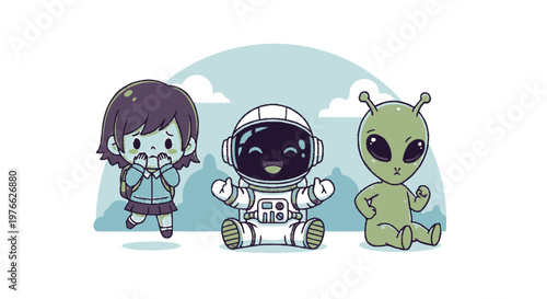 Cute Cartoon Characters - Astronaut, Alien, and Girl Smiling Together.