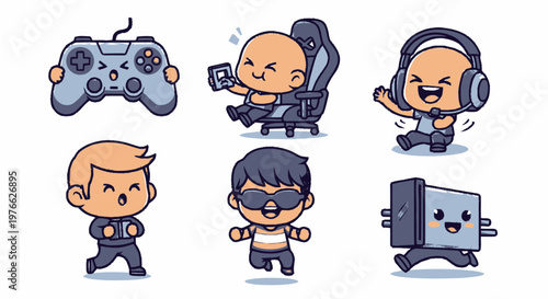 Collection of Cute Cartoon Gamer Characters with Joyful Expressions.