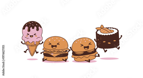 Cheerful Cartoon Food Characters Smiling and Dancing Together in Delight.