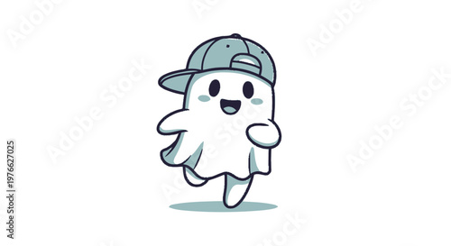 Cheerful Cartoon Ghost Wearing a Cap Smiling and Running Happily.