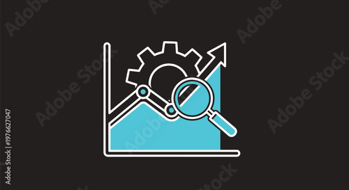 Analyzing Business Growth - Magnifying Glass, Gear, and Chart Icon.