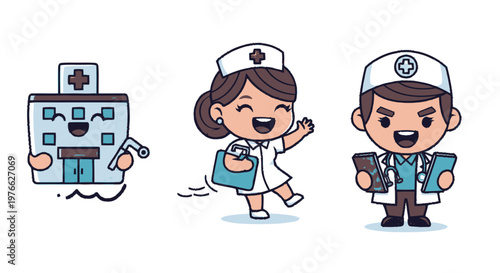 Cheerful Cartoon Hospital Building, Nurse, and Doctor Characters Smiling Happily.
