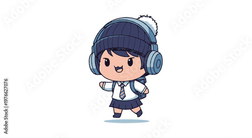Cheerful Cartoon Schoolgirl with Headphones and Backpack Walking Happily.