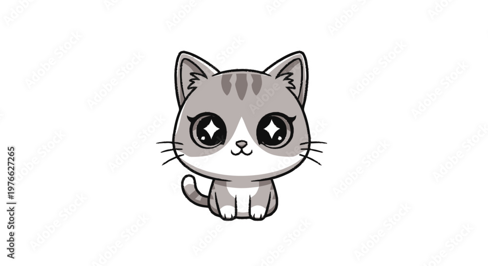 Obraz premium Adorable Cartoon Cat with Big Eyes and Whiskers, Sitting.