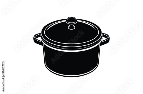Black and white illustration of a round dutch oven with handles