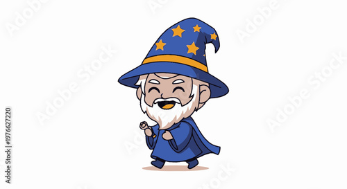 Cheerful Cartoon Wizard with a Blue Robe and Starry Hat.