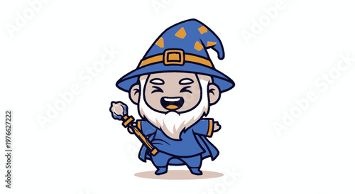 Cheerful Cartoon Wizard with a Blue Hat and Staff Smiling Happily.