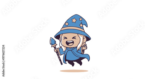 Cheerful Cartoon Wizard with Magic Wand and Starry Hat.