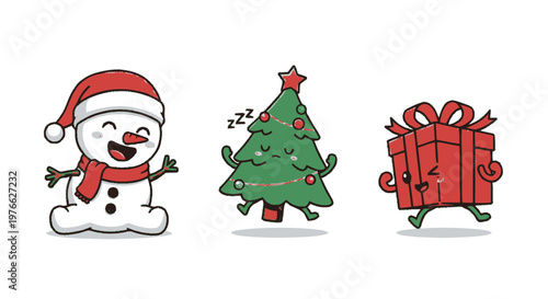 Cheerful Christmas Characters - Snowman, Tree, and Gift Box in Festive Holiday Scene.