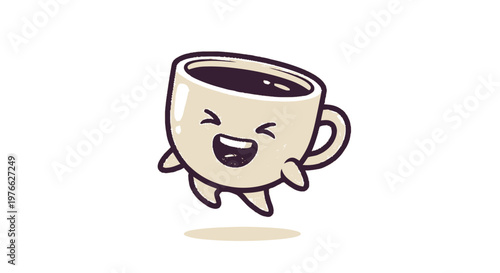 Cheerful Coffee Cup Character Smiling and Floating in Mid-Air.