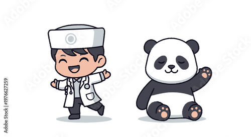 Cheerful Doctor and Cute Panda Bear Cartoon Characters Smiling Happily.