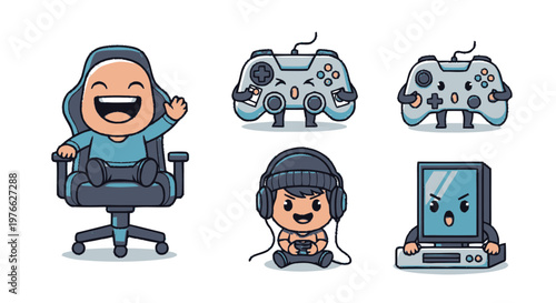 Cheerful Gamer Characters Enjoying Video Games and Gaming Accessories.