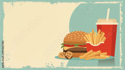 Vintage style illustration of classic fast food items including a hamburger, french fries, a drink, and cookies on a distressed background.