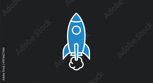 Blue Rocket Ship Icon on Dark Background Represents Launch and Space Exploration.