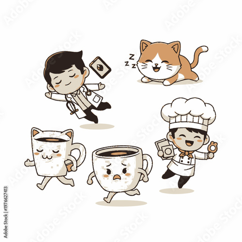 Adorable Cartoon Characters Depicting Professions and Coffee Cups.