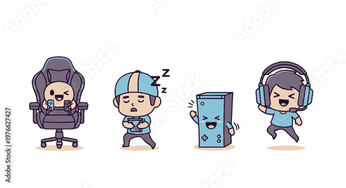 Cute Cartoon Characters Representing Gaming, Sleep, and Technology.