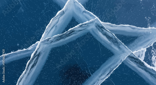 Close-up view of intricate cracks forming geometric patterns on a frozen blue ice surface.