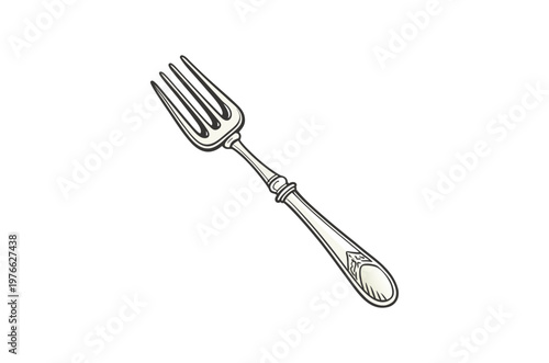 A vintage style drawing of a silver fork with ornate detailing