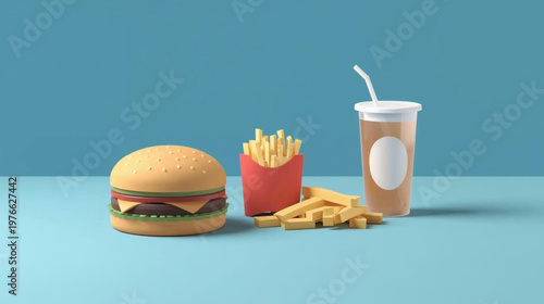 A stylized 3D rendering of a classic fast food meal featuring a hamburger, french fries in a red carton, and a cold beverage with a straw on a blue background.