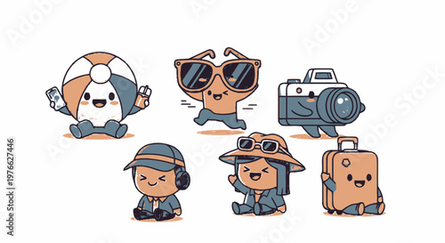 Cute Cartoon Characters Representing Summer Travel and Vacation Fun.