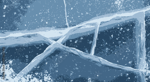 A close-up view of intricate cracks and air bubbles within a frozen sheet of ice, showcasing its delicate structure and blue hues.
