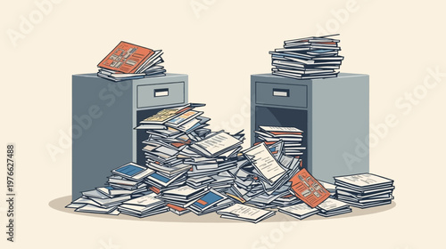 Messy office with overflowing filing cabinets and a huge pile of disorganized documents and papers.