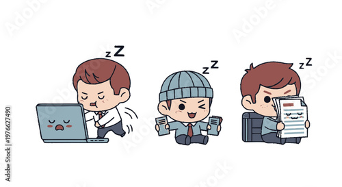 Cute Cartoon Characters Sleeping at Work on White Background.
