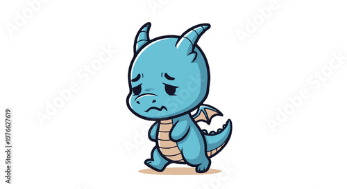 Cute Cartoon Dragon Feeling Sad and Walking Alone.