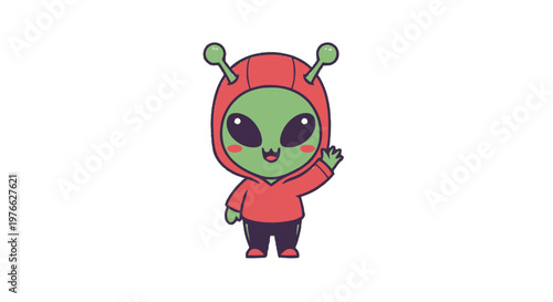 Cute Cartoon Alien in a Red Hoodie Waving Hello.