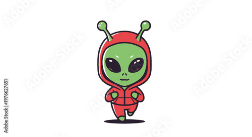 Cute Cartoon Alien in Red Hoodie Walking Forward on White Background.