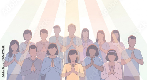 Diverse group of people praying together with hands clasped in front illuminated by sun rays conveying spirituality and unity