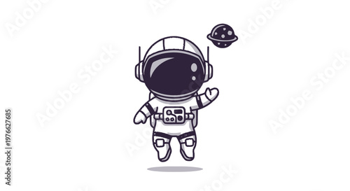 Cartoon Astronaut in Space with Flying Saucer, Black and White Illustration.