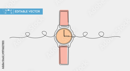 Elegant continuous line vector illustration of a modern wristwatch with pink straps and orange dial.