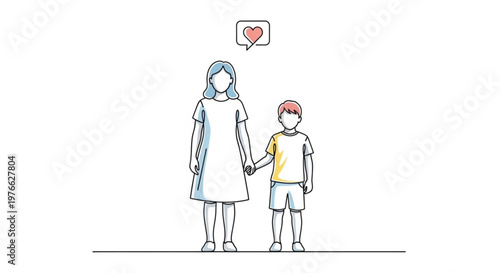 Mother and son holding hands with heart symbol love relationship family bond