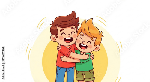 Two happy boys hugging each other with arms around smiling and laughing together in friendship and affection on a yellow background