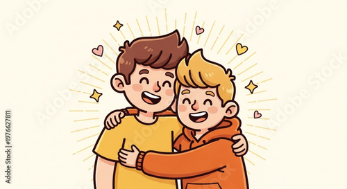 Two smiling young boys hugging with hearts and sparkles around them on a beige background conveying friendship and happiness