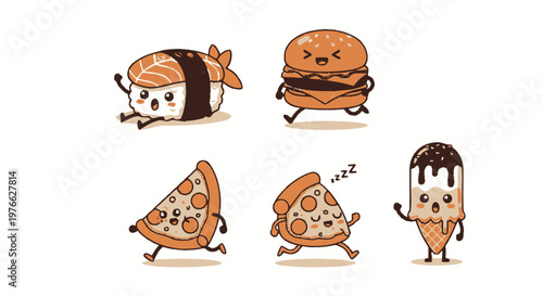 Cute Cartoon Food Characters Running and Smiling in Delightful Illustration.