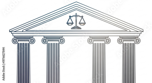 Illustration of a courthouse facade with columns and a triangular pediment featuring the scales of justice